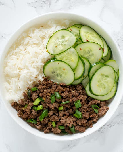 Spicy Korean Style Beef Rice Bowl with Cucumbers