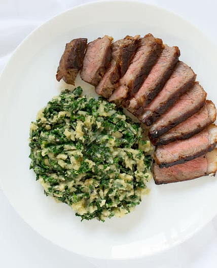 Pan-seared strip steak with Kale Colcannon