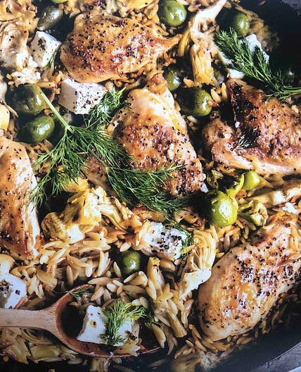 White Wine-Braised Chicken with artichokes and Orzo