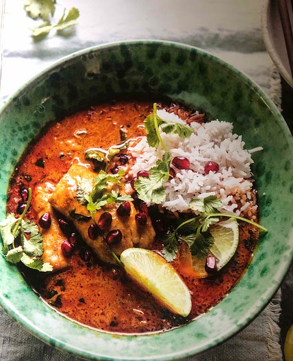 Extra Saucy Coconut Fish Curry with pomegranate 