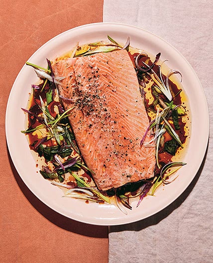 Recipe for Salmon with Soy and Citrusy Charred Scallions from Nothing Fancy by Alison Roman and Zabar's Classic Sweets & Coffee Bundle giveaway