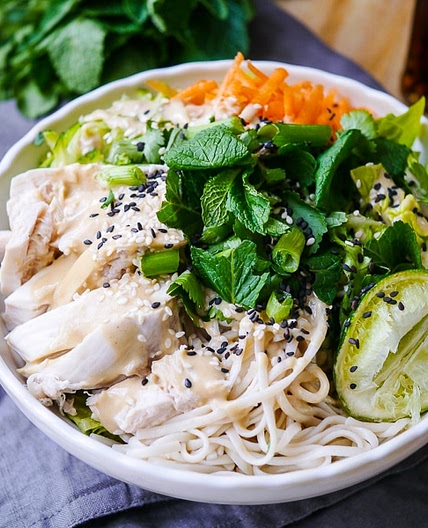 Tamari and Lime Poached Chicken Noodle Salad
