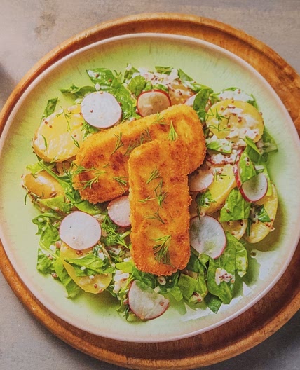 Breaded Halloumi with creamy potato salad and fresh dill