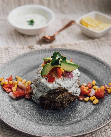 Vegan Black Bean Cakes with Salsa + Coriander Lime Yogurt- Antigua Cuisine