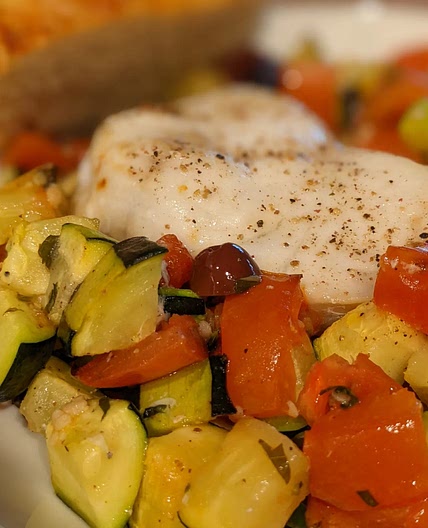 Roasted Cod with Tomatoes, Zucchini, and Olives