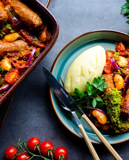 Roast Garlic, Sausage & Butterbean Bake with Herby Crust