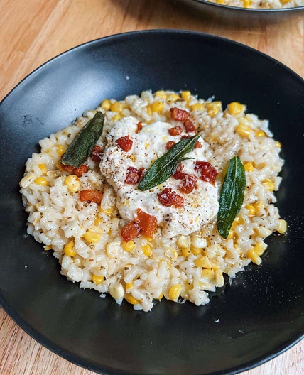 Sweet Corn Risotto with Crispy Sage, Pancetta and Burrata 