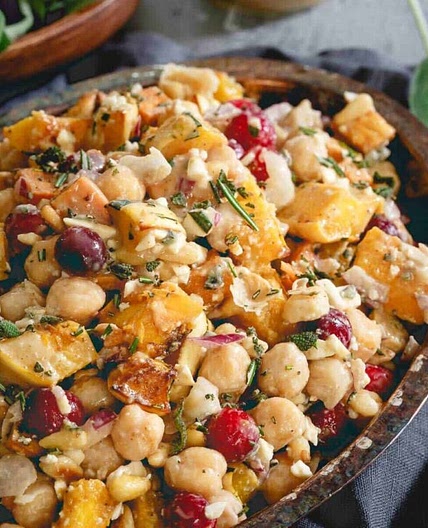 Roasted Sweet Potato, Squash and Chickpea Fall Salad with Maple Tahini Dressing
