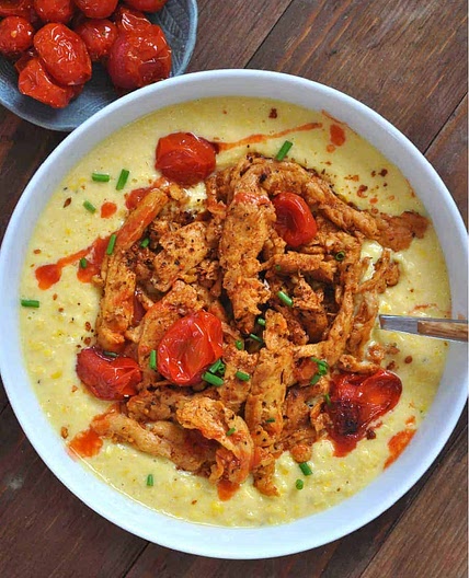 Vegan Cajun Soy Curls with Garlic Butter Creamed Corn