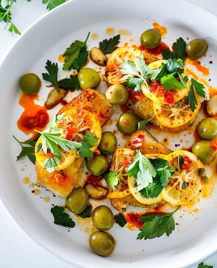 Pan-Seared Halibut with Marinated Lemons and Calabrian Chilies