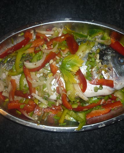 Oven Baked Grey Snapper with Caribbean sauce, Turks and Caicos Islands