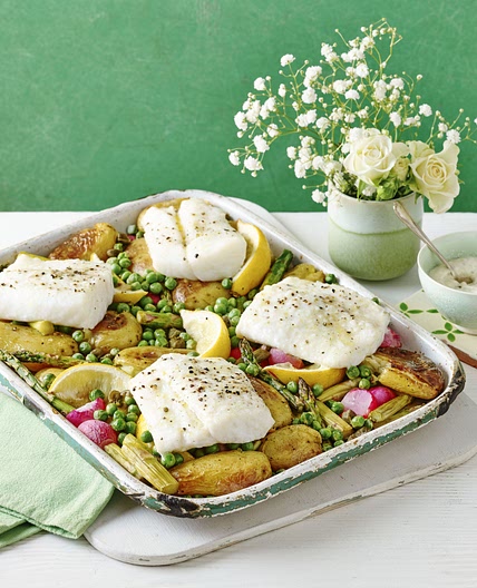 Crushed Jersey Royal, Roasted Radish and Cod Traybake
