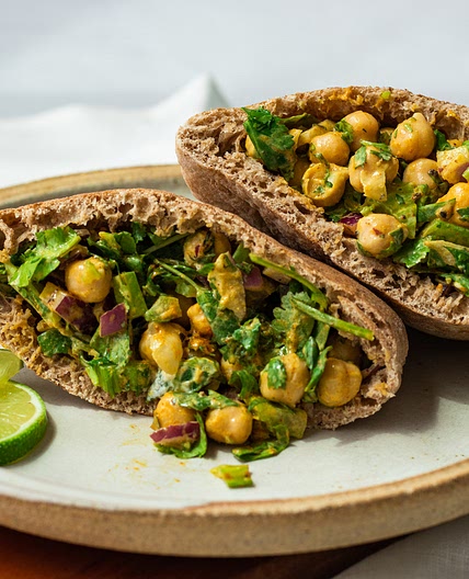 Vegan Curry Chickpea Salad Pita Sandwich