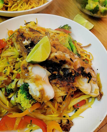 Pan Fried Hake (or white fish) Teriyaky with Noodle stir fry