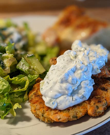 Golden Salmon Cakes with Tzatziki Sauce