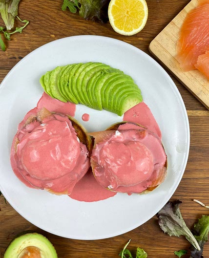 Eggs Benedict with Beet Hollandaise