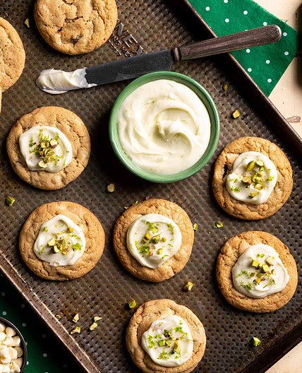 White Chocolate Chip Pistachio Cookies with Lime Cream Cheese Frosting