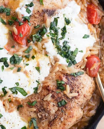 One-Pan Chicken and Orzo with Tomatoes and Burrata