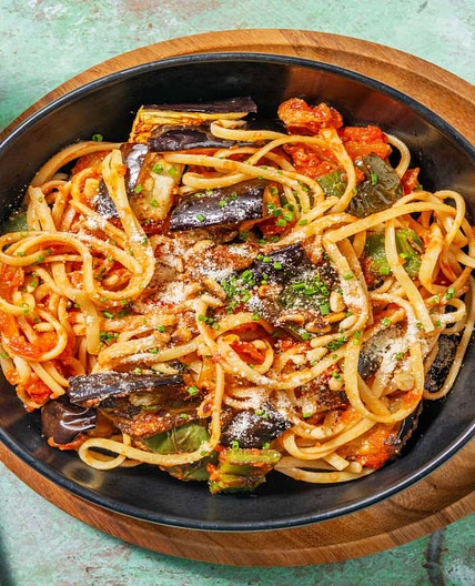 Roasted Pepper and Aubergine Linguine with Pine Nuts and Chives