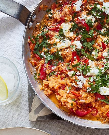 Menemen (Turkish-style omelette) with pepper and feta