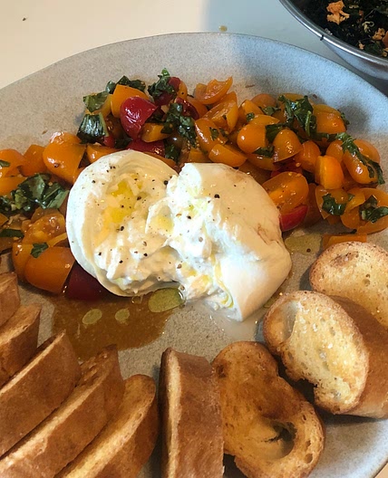 Bruschette with Mixed Heritage Tomatoes and Burrata
