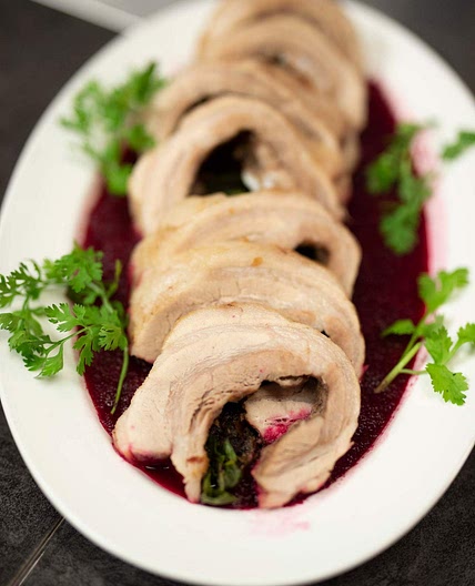 Stuffed Pork with Beetroot and Mango Puree