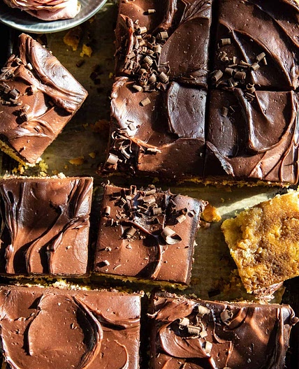 Swirled Caramel Sheet Cake with Fudgy Chocolate Frosting