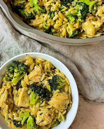 One Pan Broccoli Cheddar Orzo with Chicken