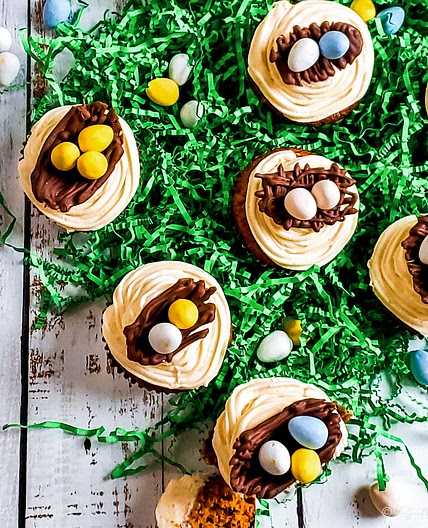Easter Carrot Cupcakes with Chocolate Eggs and Nest