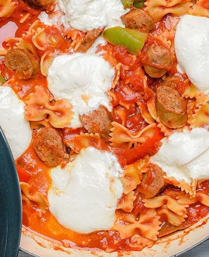 Peppers Sausage and Pasta with Burrata Cheese
