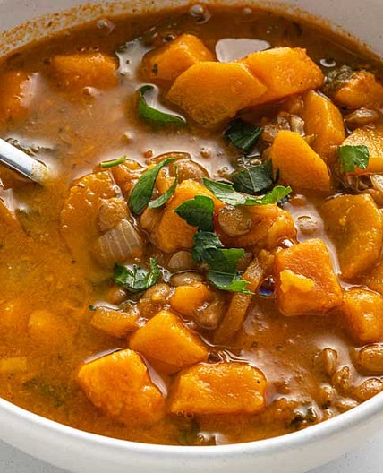 Carrot and Lentil Soup with Sweet Potatoes