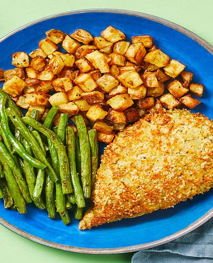 Presto Pesto Panko Chicken with Roasted Potatoes and Green Beans