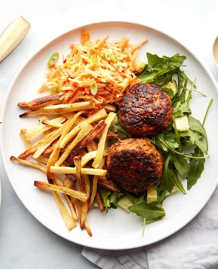 Smoky pork burgers with apple & tahini slaw