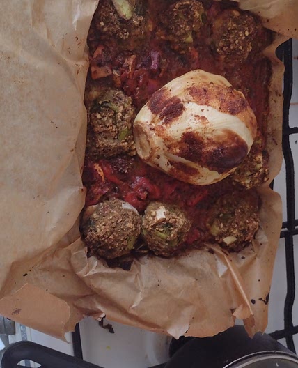 Harissa roast cabbage with stuffing balls and roast veg
