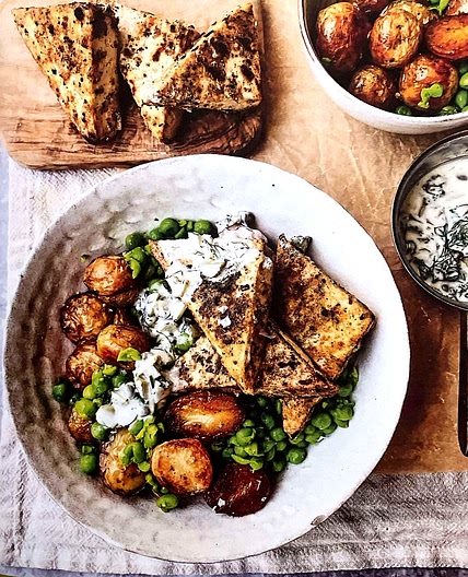 Salt and Pepper Tofu with Crispy Baby Potatoes, Crushed Peas and Tartar Sauce