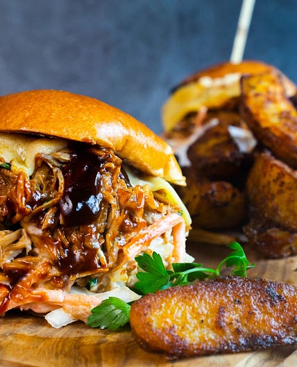 Pulled Pork Sandwich with creamy coleslaw and southern fried wedges
