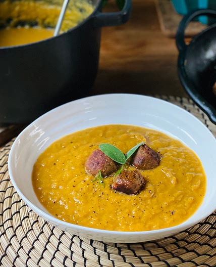 BUTTERNUT SQUASH AND FENNEL SOUP WITH PAN-FRIED SAGE CHICKPEA DUMPLINGS — Jasmine Hemsley