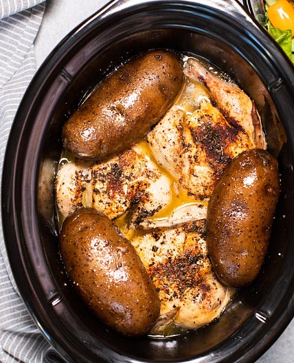 Slow Cooker Cornish Game Hens and Baked Potatoes