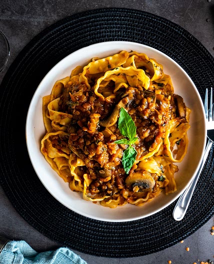 Red Lentil & Mushroom Bolognese by Pureety