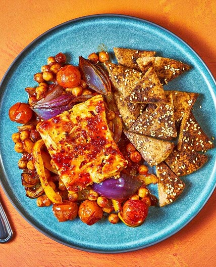 Spiced Chickpea Tray Bake With Harissa-Honey Greek Cheese