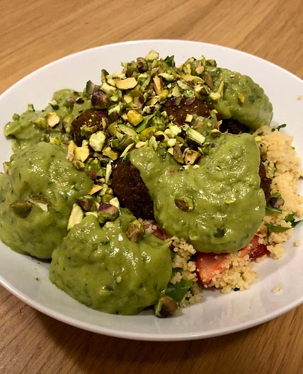 5. Felafel Couscous Bowls with Avocado and Herb Sauce