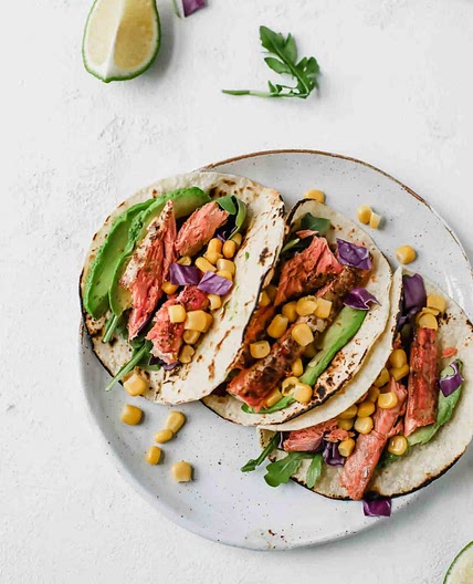 Spicy Salmon Tacos w/ Avocado Lime Dressing