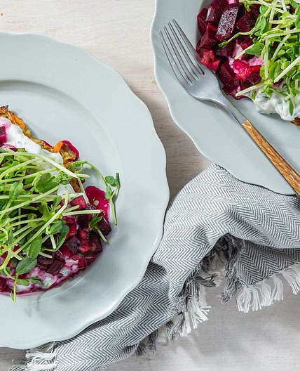 Zhoug Spiced Carrot Fritters with Cilantro Tzatziki & Pea Shoots