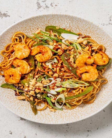Soy and Chilli Prawns with Teriyaki Veg, Noodles and Peanuts