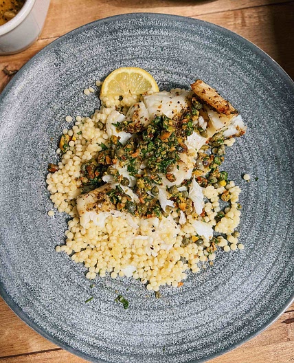 Baked Chilean Seabass with Pistachio Caper Salsa and Couscous