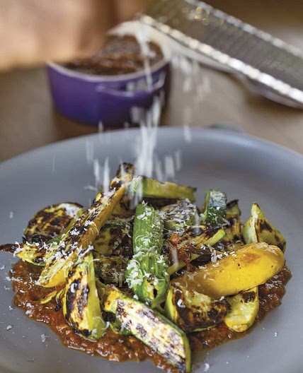 Grilled Summer Squash with Charred Tomato Sauce and Parmesan
