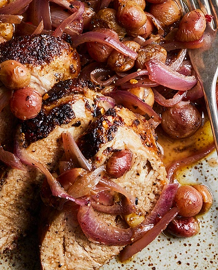 Mustardy Pork Tenderloin with Grapes and Red Onions