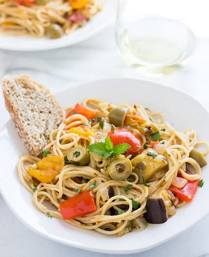 Chia Seed Pasta with Caponata Sauce, Pumpkin Seed Pesto, & Broccoli