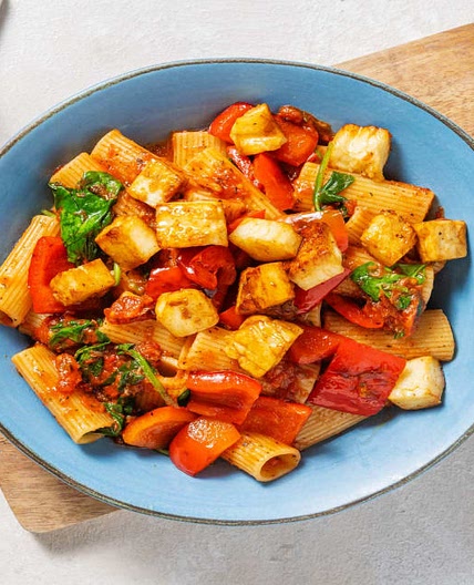 Halloumi and Roasted Pepper Rigatoni with Roasted Garlic Tomato Sauce and Baby Spinach