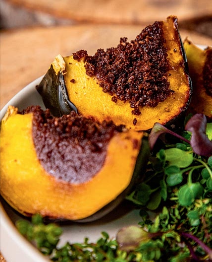 BAKED ACORN SQUASH CARAWAY APPLESAUCE, RYE CRUST